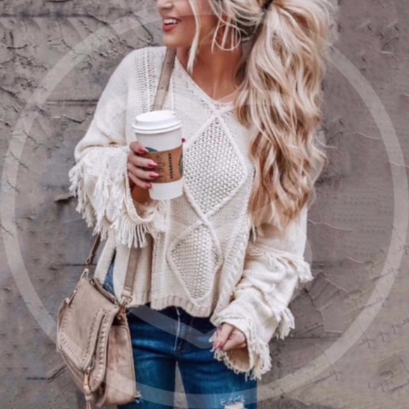 Sweaters - BECCA Knit Fringe Sleeve Sweater - CREAM